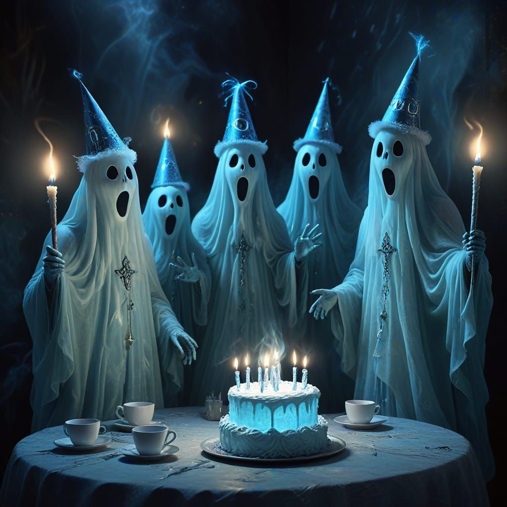 Ghosts Celebrate Birthday Party in Surreal Digital Painting
