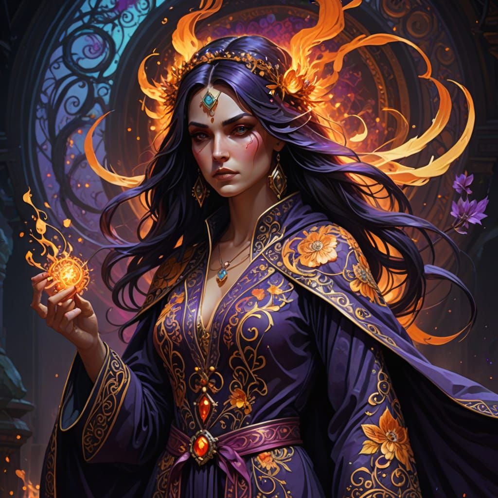 Dark Fantasy Witch in Embroidered Robe with Magical Enchantm...