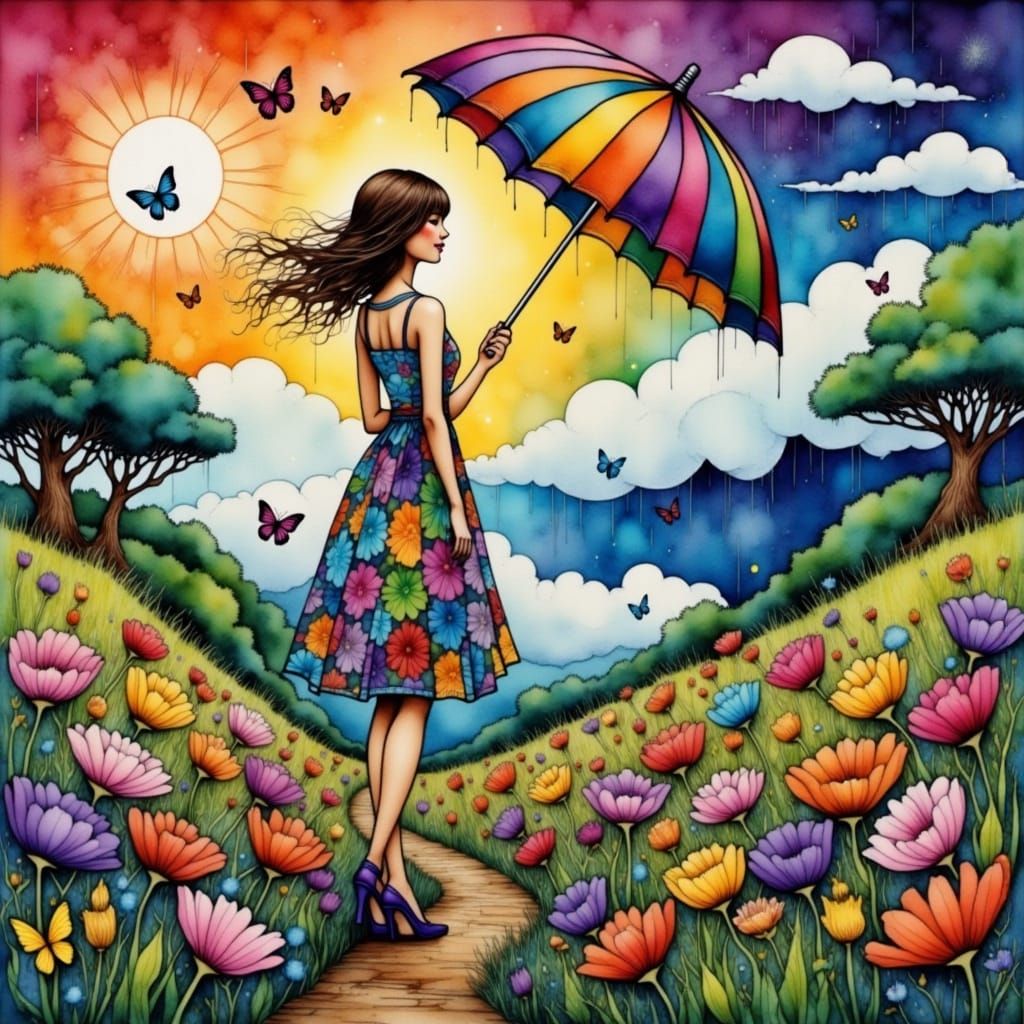 Woman with Umbrella in Flower Field, Watercolor Style
