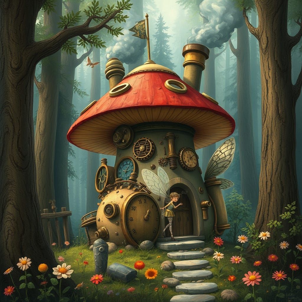 Steampunk Mushroom House in a Whimsical Forest