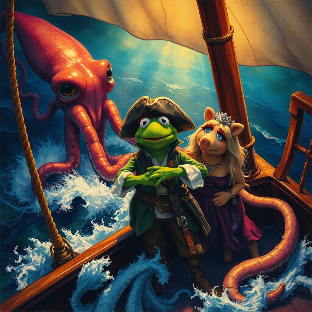 Swashbuckling Frog Pirate Battles Giant Squid