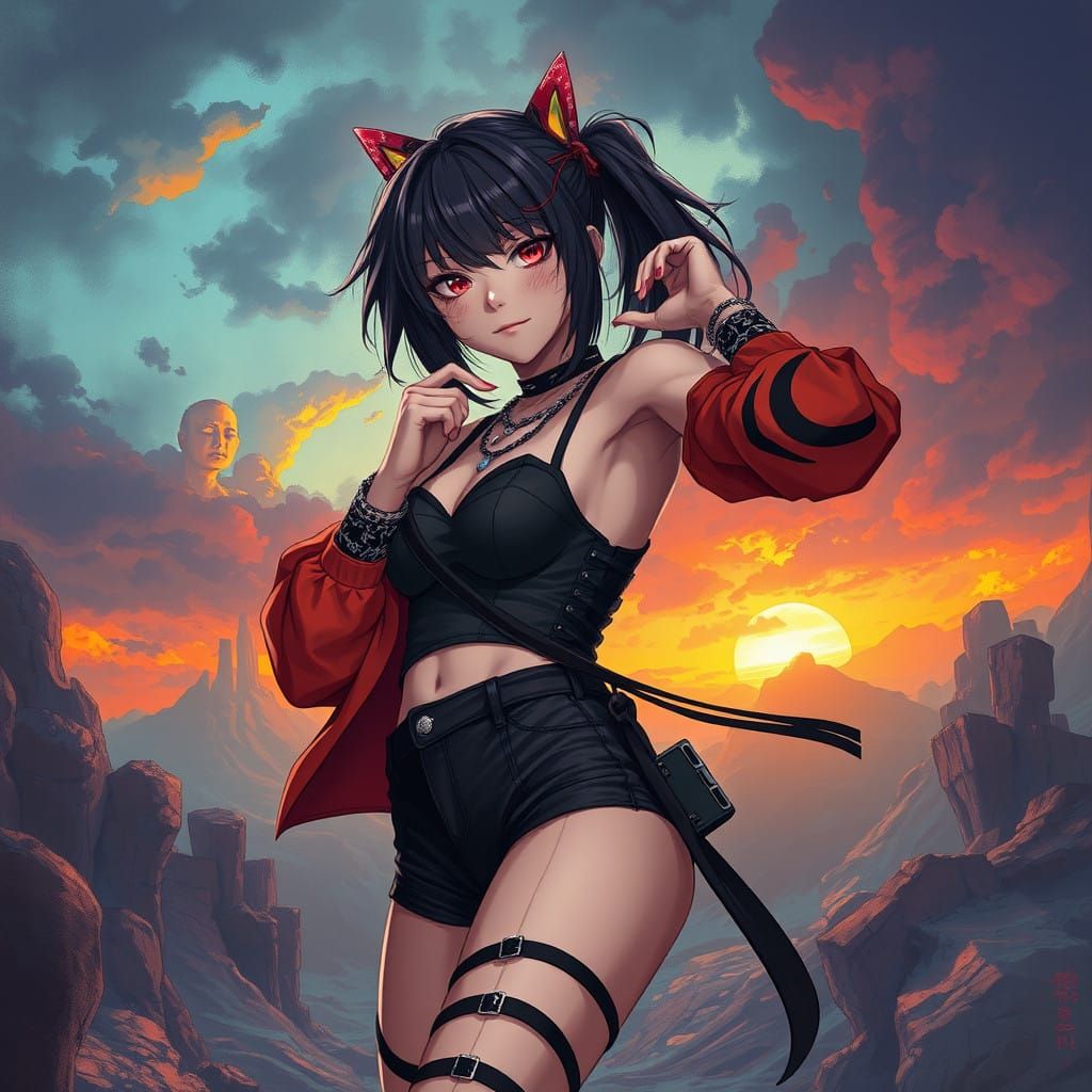 Ethereal Trans Anime Goddess in Dramatic Emo Attire