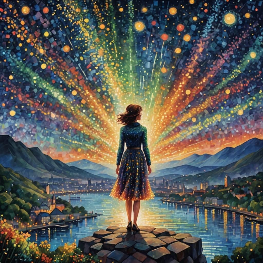 Fireworks Over City in Pointillism Style