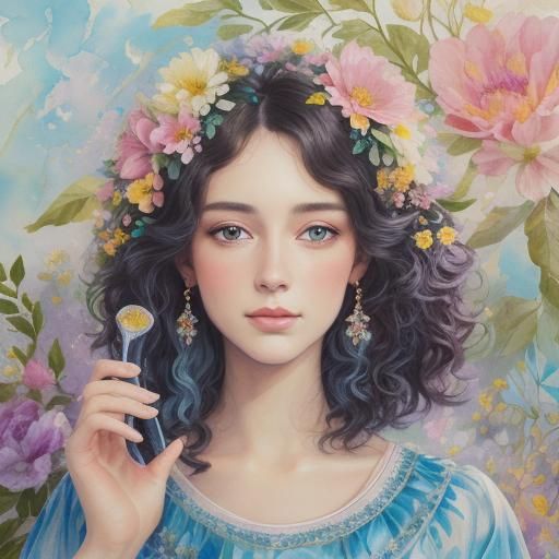 Brunette Girl Portrait with Flowers as Gouache Illustration