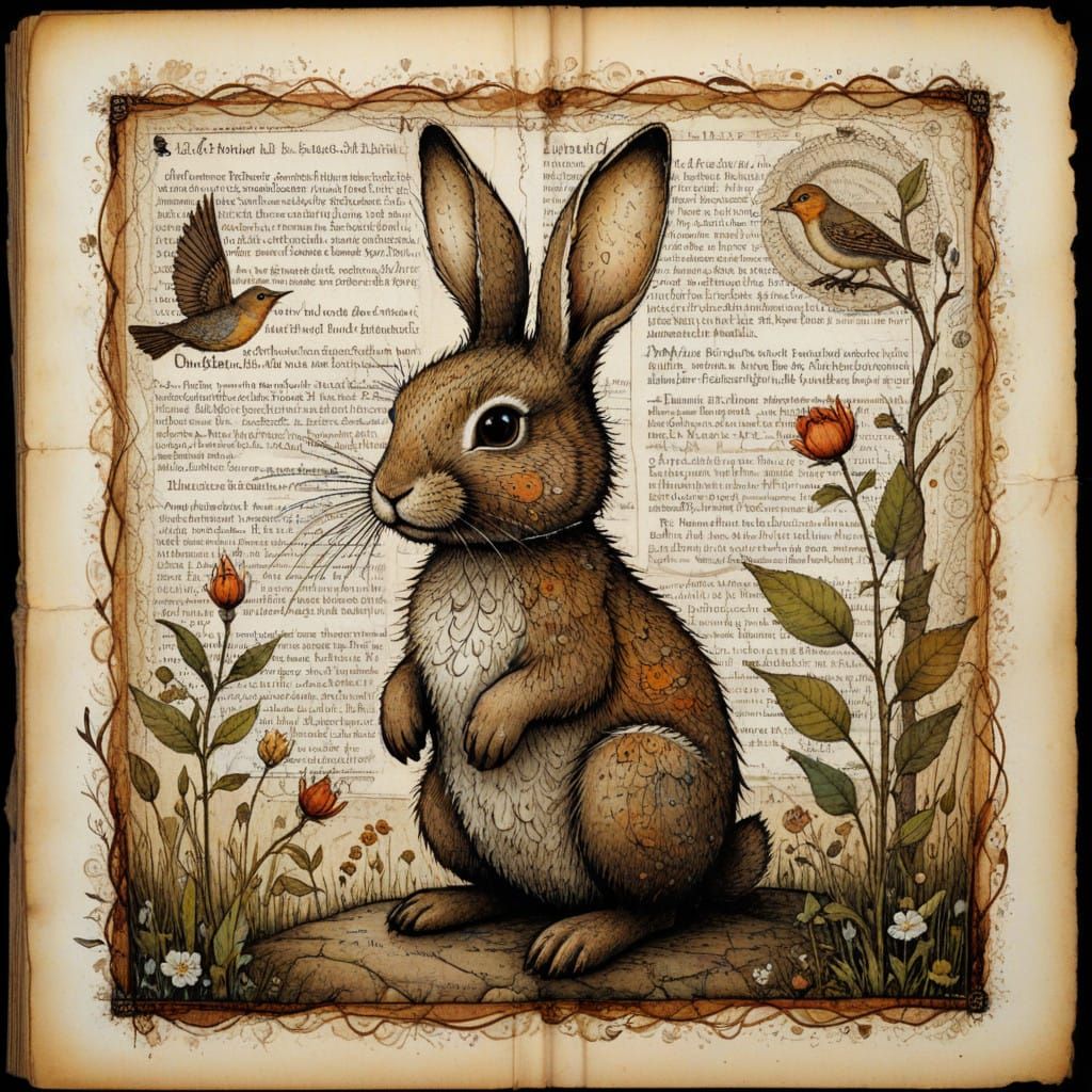 Vintage Bunny in Distressed Watercolor Wash