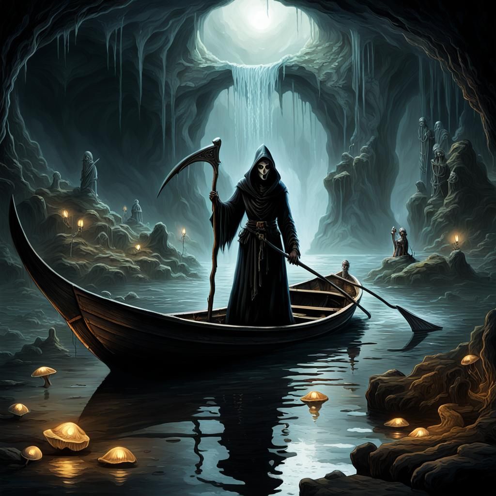 Grim Reaper Guides Souls on River Styx