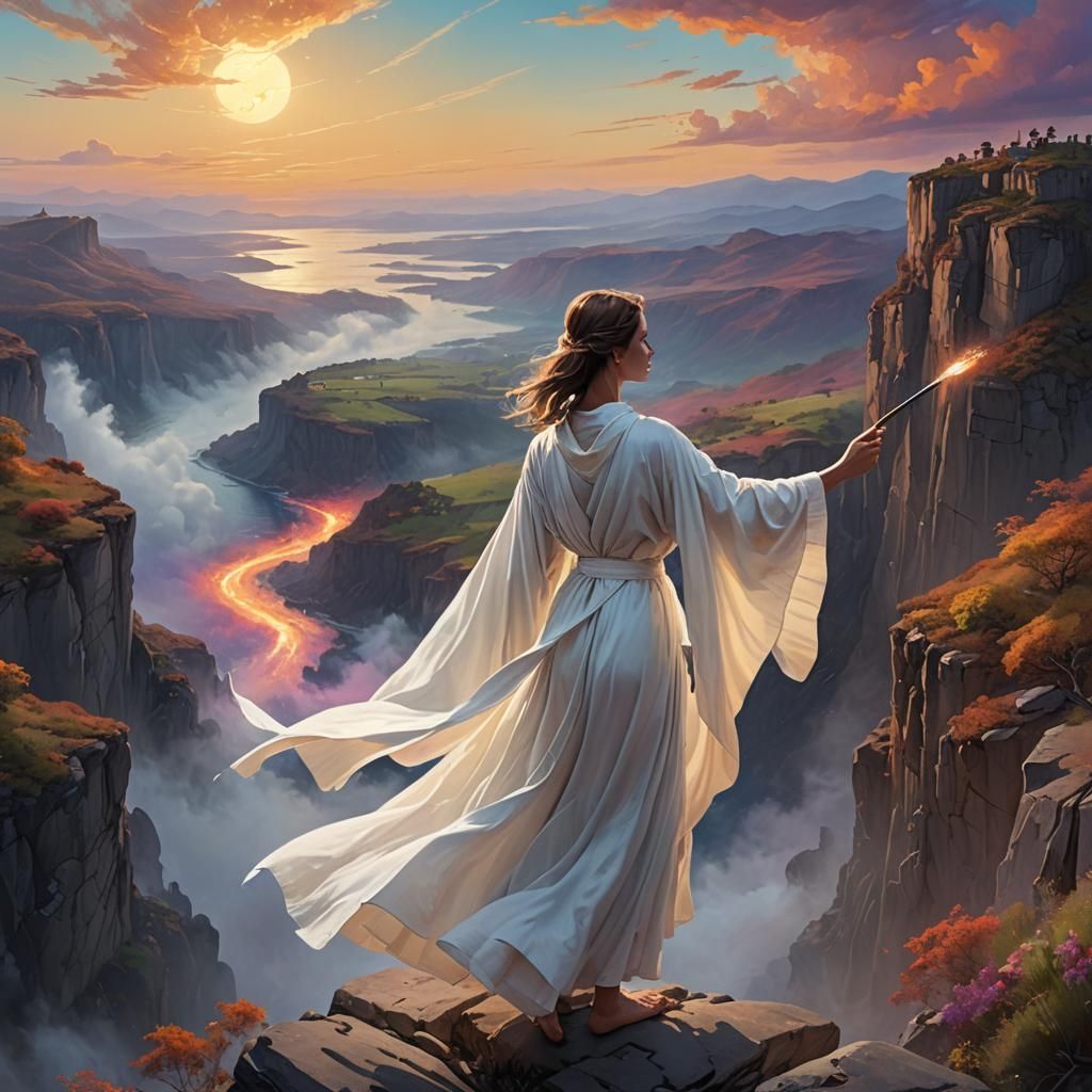 Woman Paints Sky with Brush in Fantasy Landscape