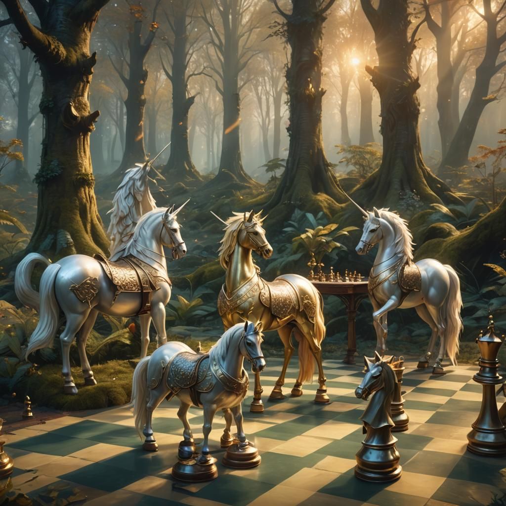 Unicorn Knights on Whimsical Chess Board: Fantasy Art