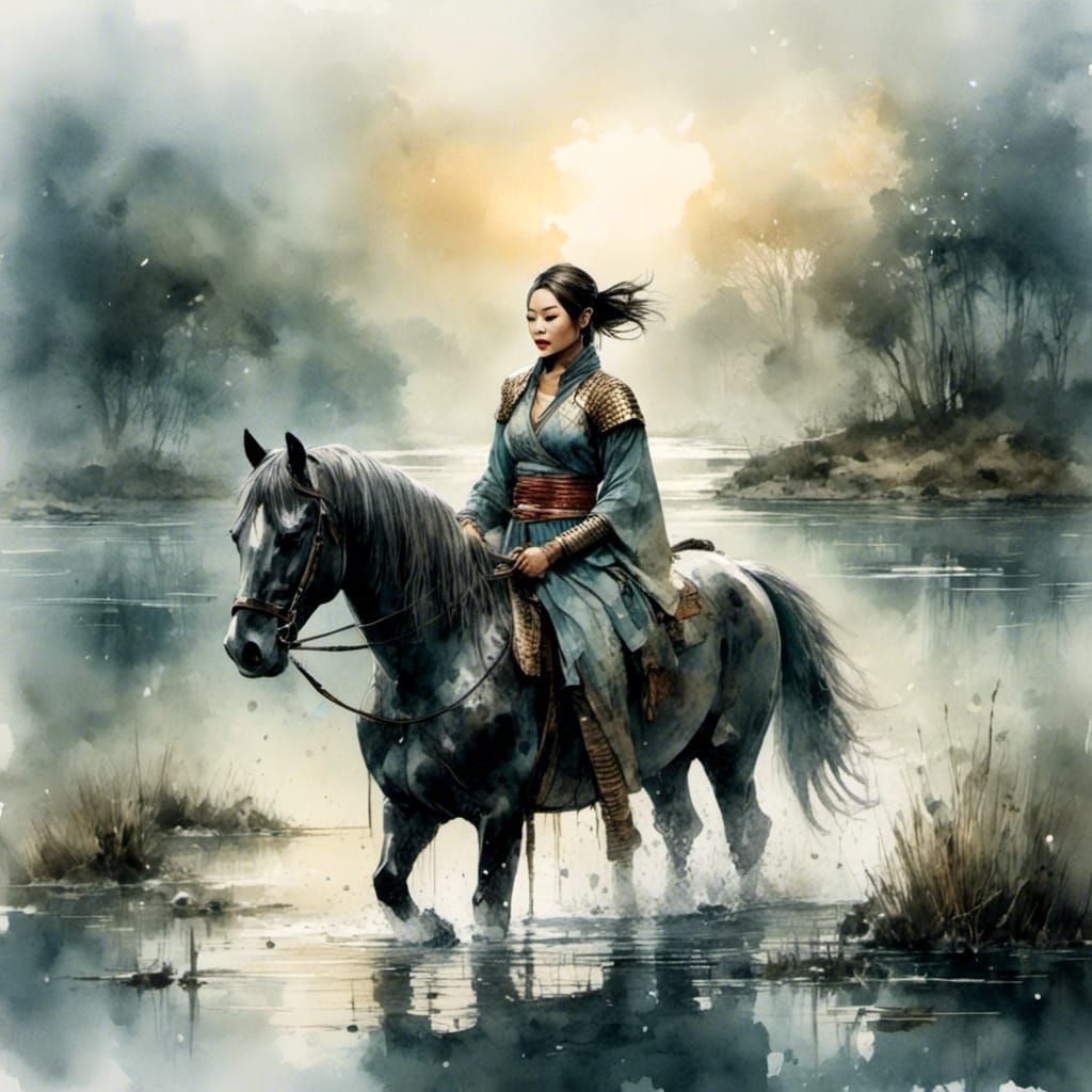 Ancient Asian Warrioress Leading Her Horse