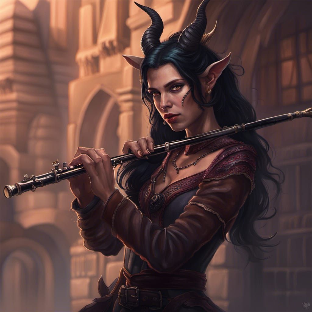 Tiefling Bard Playing Flute in Fantasy RPG Art