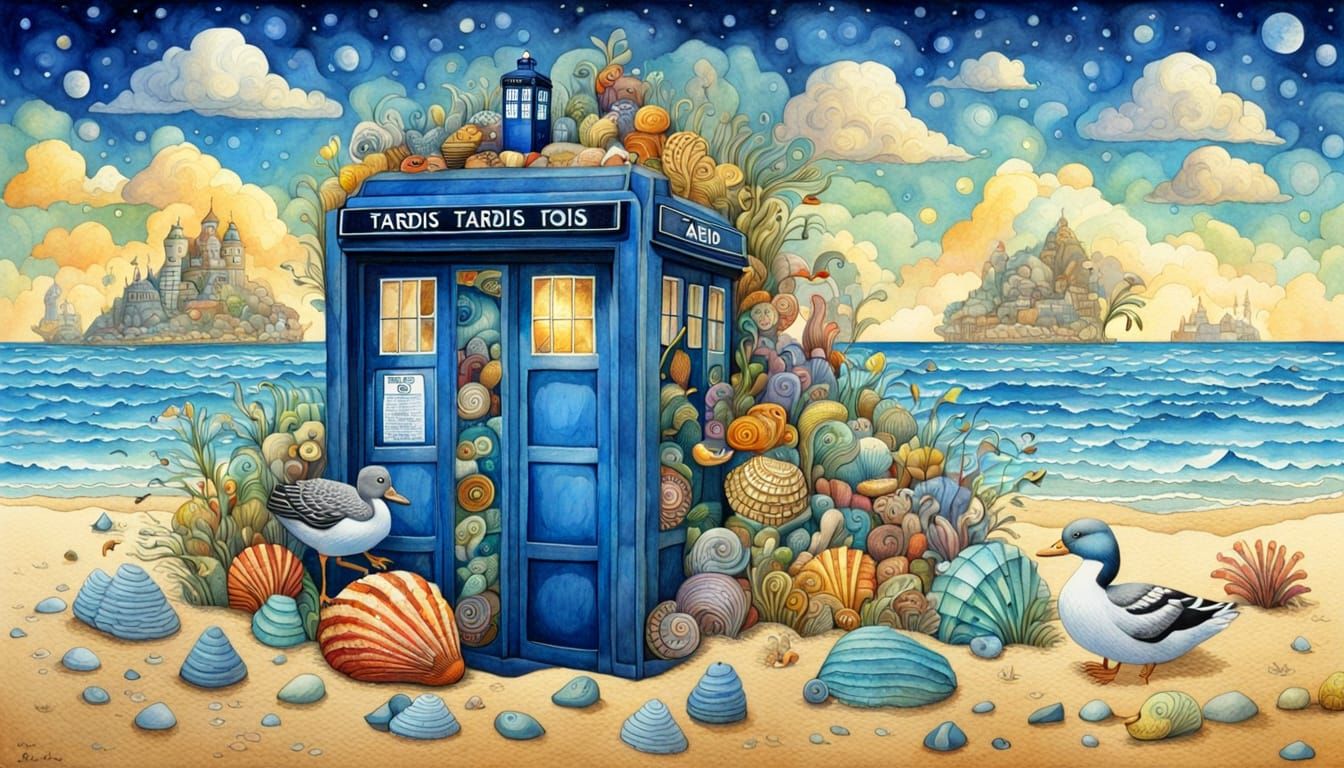 Surreal Beach Scene with Police Box in Watercolor Style