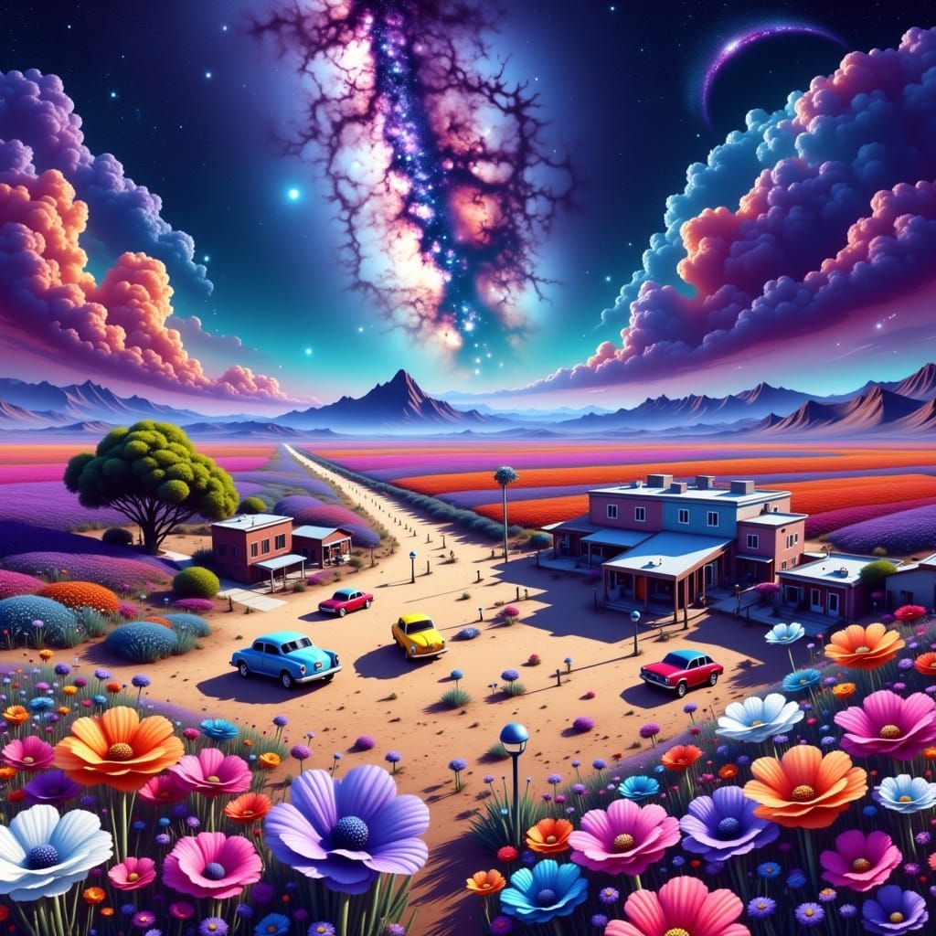 Cosmic Small Town Dreamscape in Whimsical Style