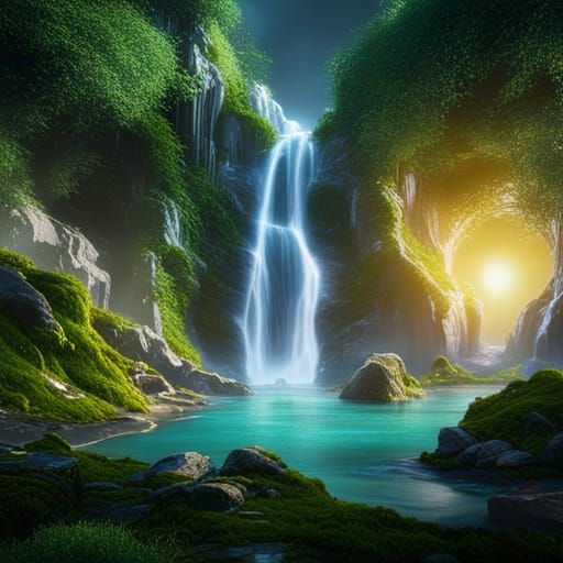 Mystical Unicorn and Bunny Waterfall Scene