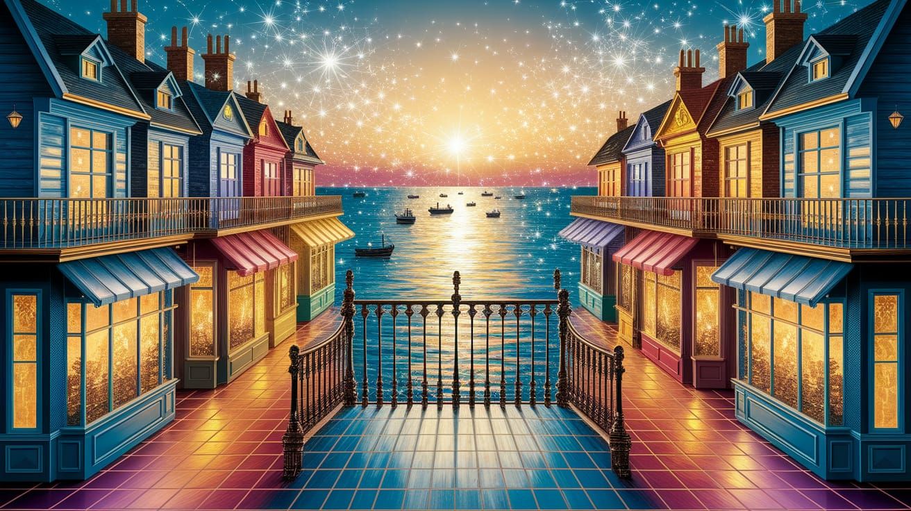 Golden Hour High Street Scene Leading to Shimmering Sea