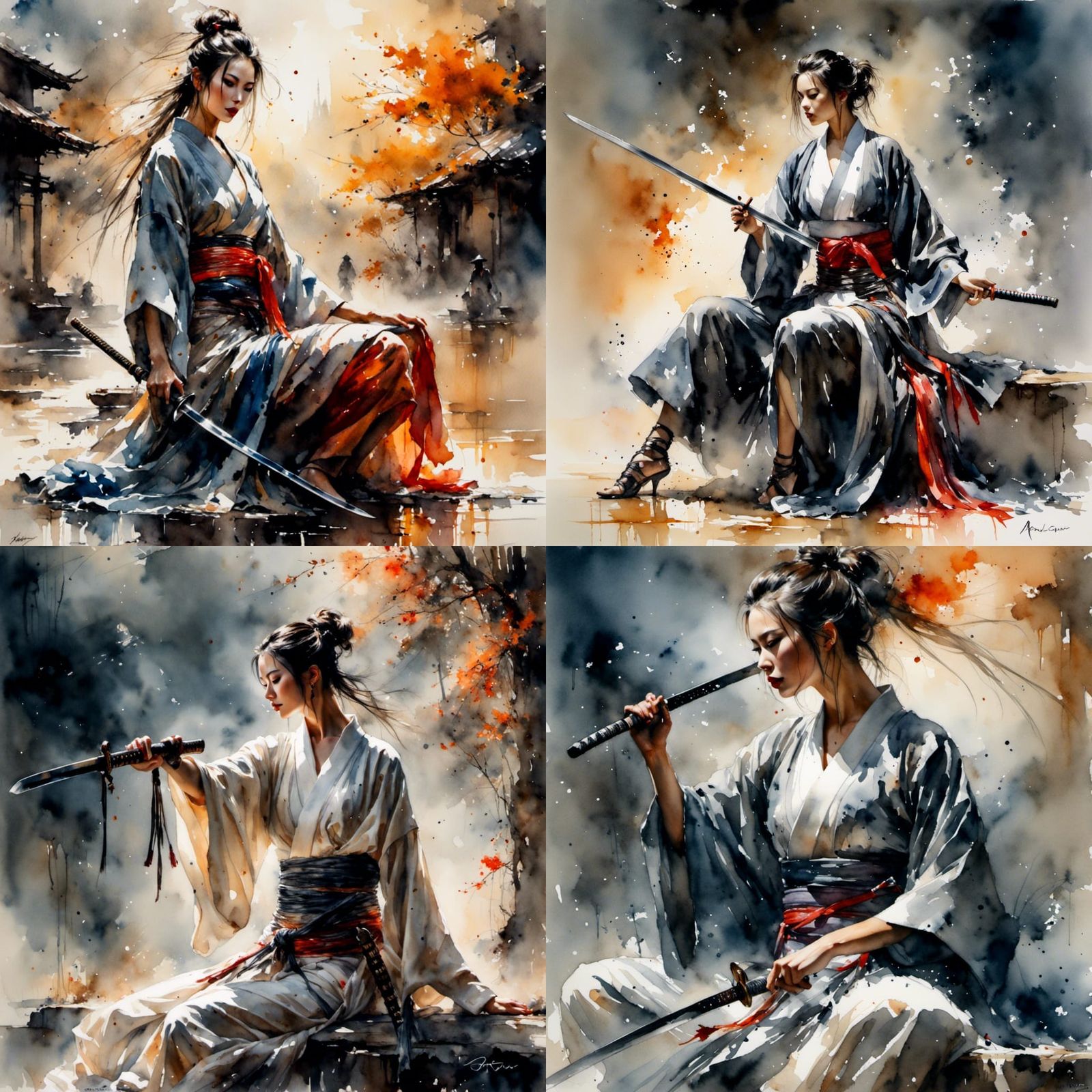 Female Samurai Posing with Sword in Kimono