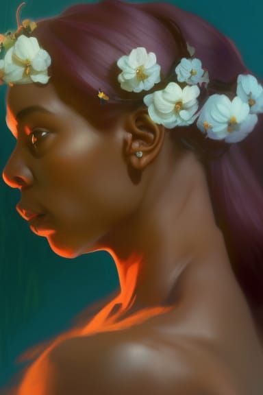 Ethereal Portrait of Woman with Flowers, Art Nouveau Style