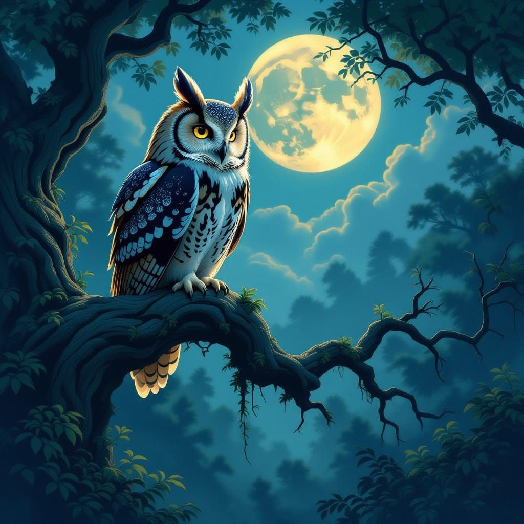 Majestic Owl on Ancient Branch in Ethereal Grove