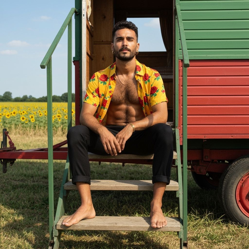 Gypsy Man on Romani Caravan Steps in Golden Sunlight