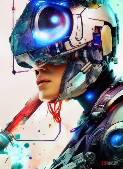 Cyborg Woman Portrait in Hyperdetailed Gouache Style