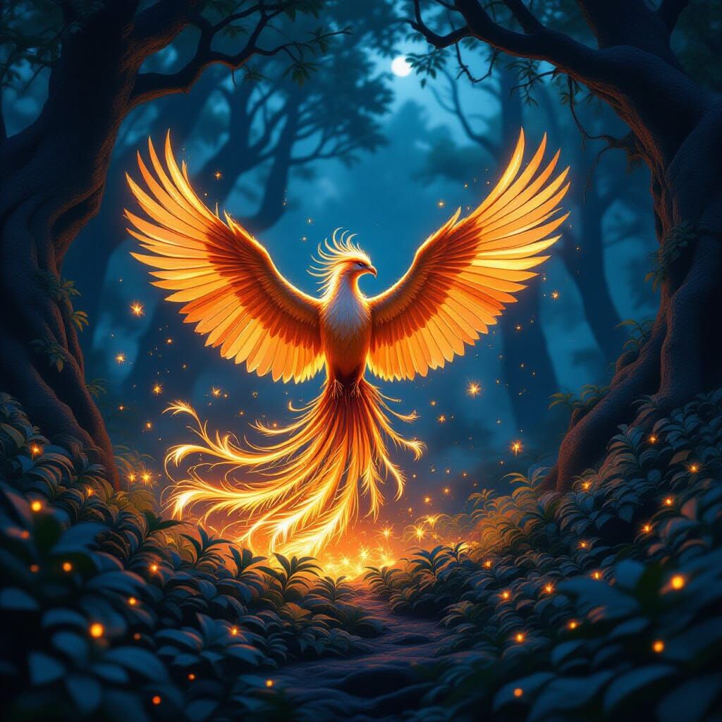 Majestic Phoenix Erupts From Bioluminescent Flora