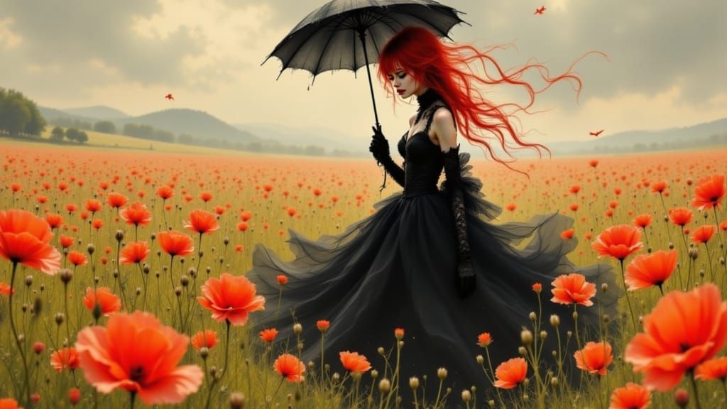 Gothic Woman in Poppy Field, Digital Art
