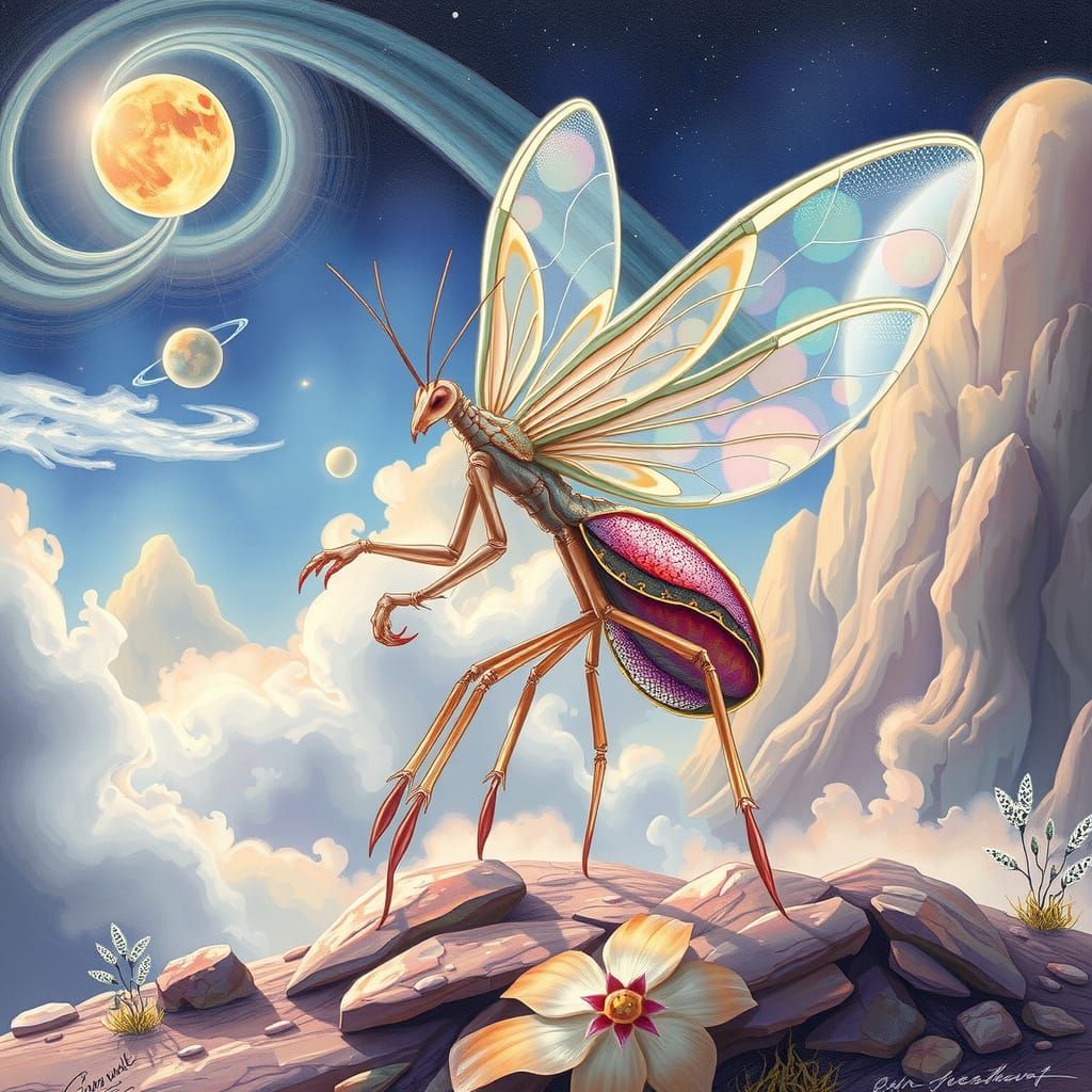 Whimsical Fairy Punk Creature in Iridescent Exoplanet Landsc...