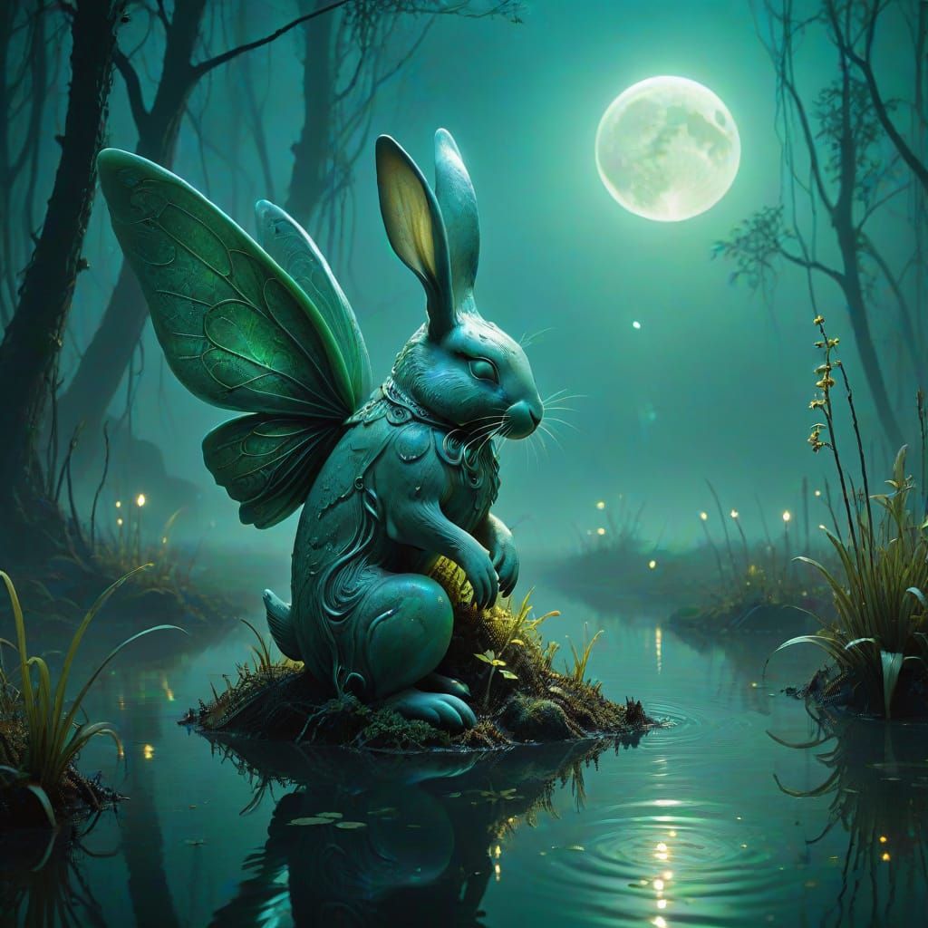 Jade Moon Rabbit Statue in Bioluminescent Swamp