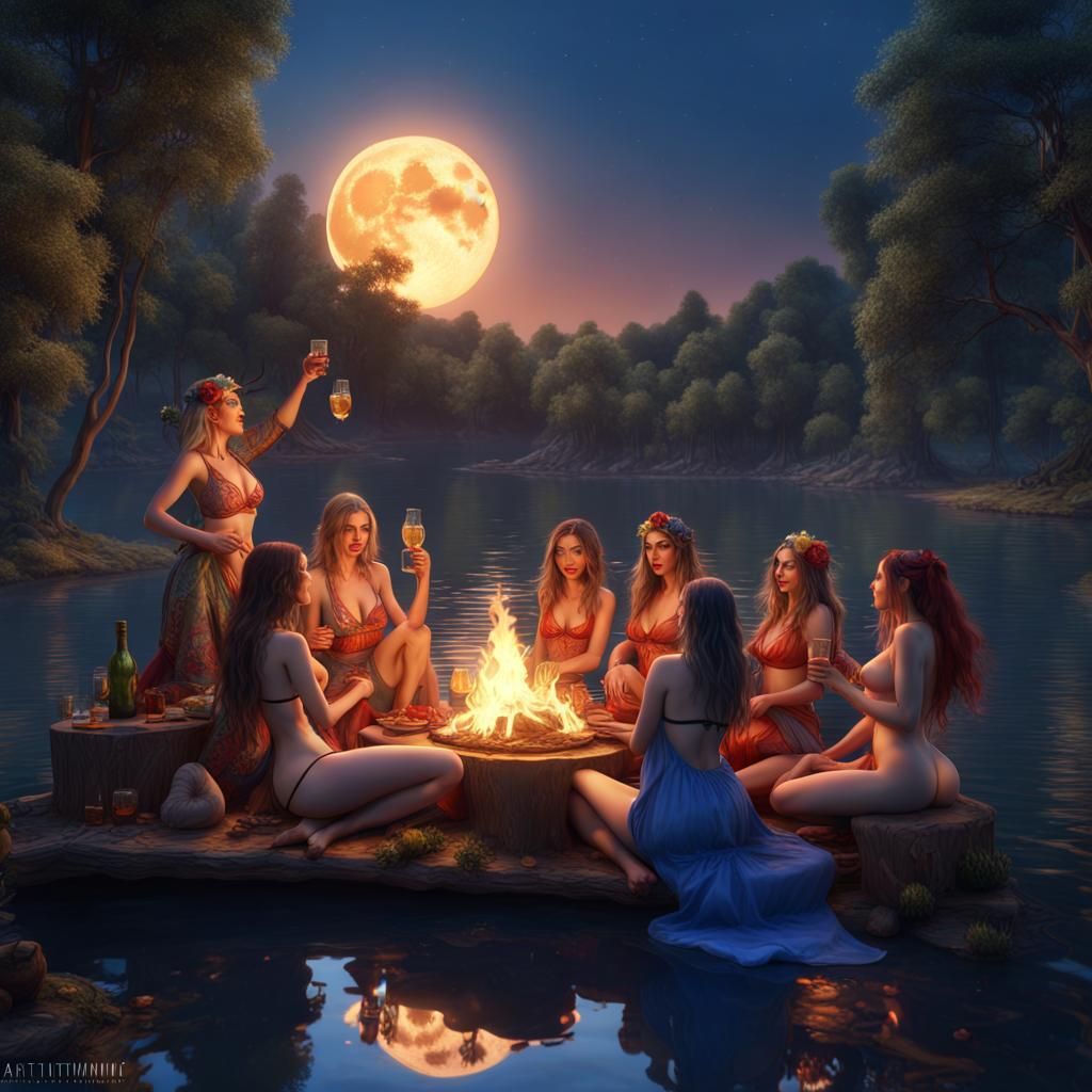 Hippie Women Enjoying Lakeside Campfire Under Full Moon