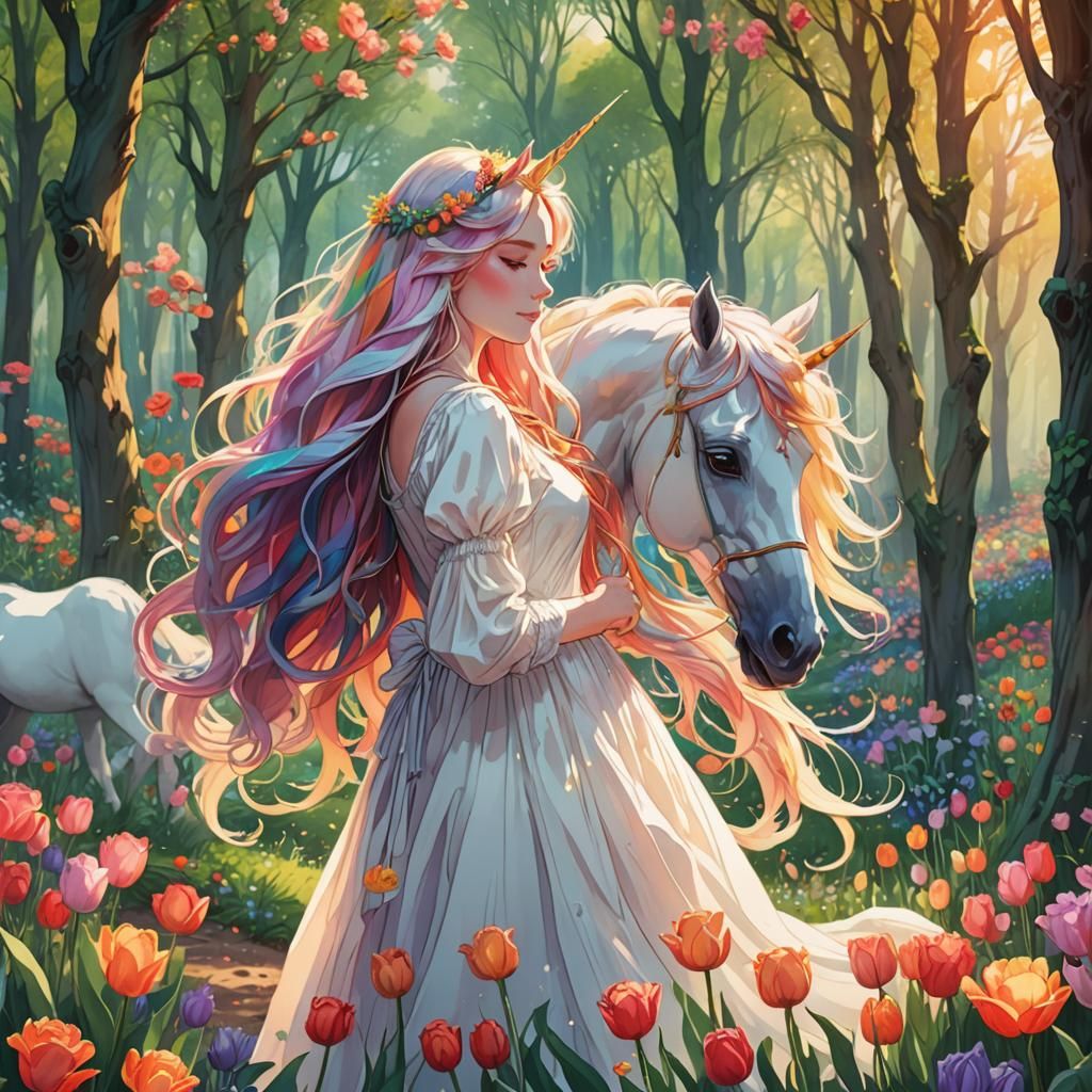 Rainbow Unicorn and Ethereal Woman in Anime Art