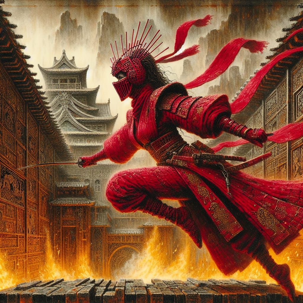 Crimson Ninja-Geisha in Dystopian Medieval Horror Scene