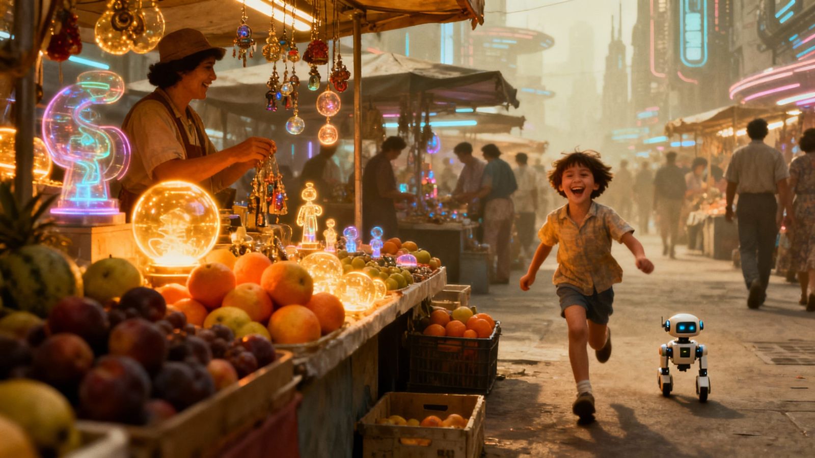 Retro-Futuristic City Marketplace with Glowing Fruits