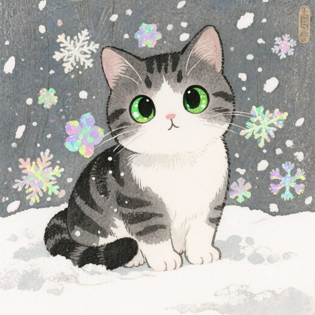 Adorable Kitten in Shimmering Snow - Ukiyo-e Style