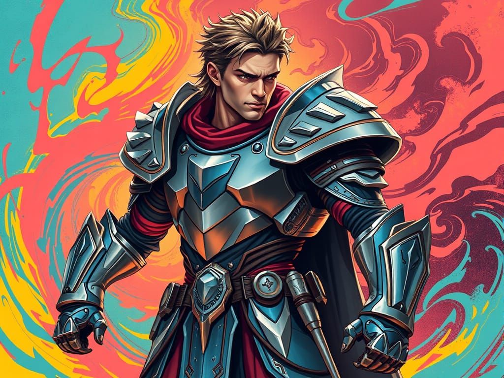 Heroic Cyberpunk Warrior in High-Contrast Metal Armor