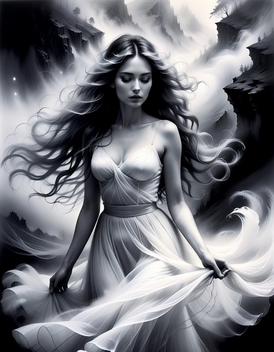 Ethereal Woman in Misty Landscape: Charcoal Drawing