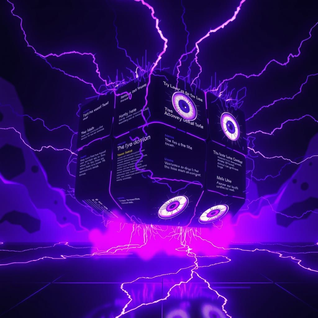 Floating Cyberpunk Cube with Glowing Eyes