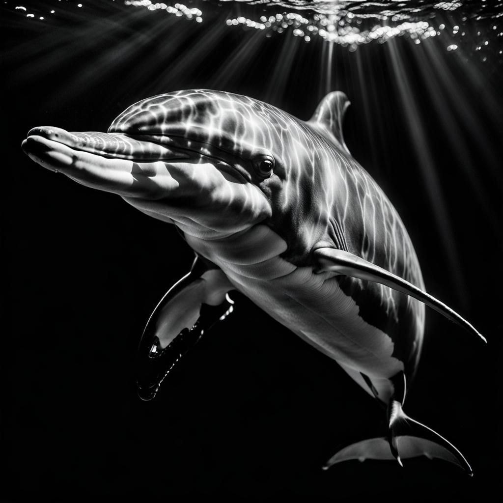 undersea black and white portrait of dolphin