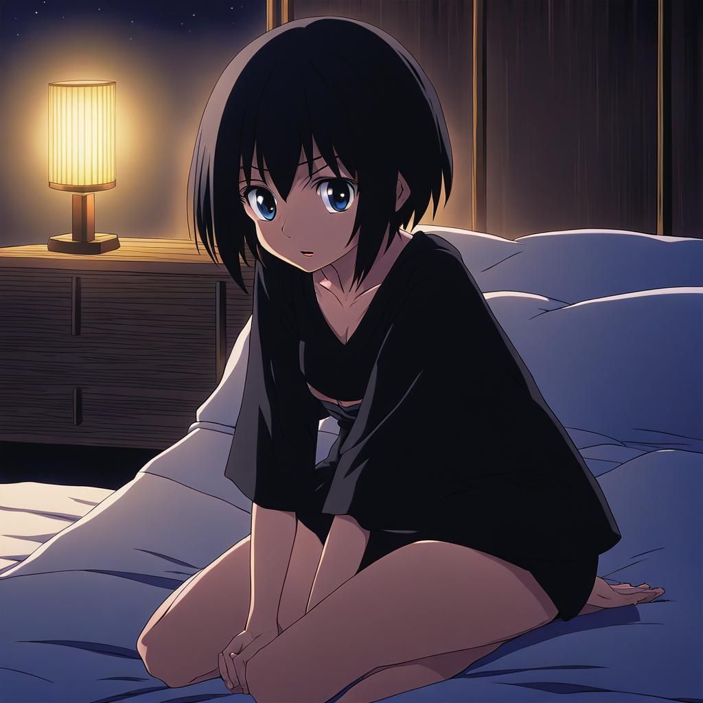 Anime Style Girl Sitting Seiza at Night