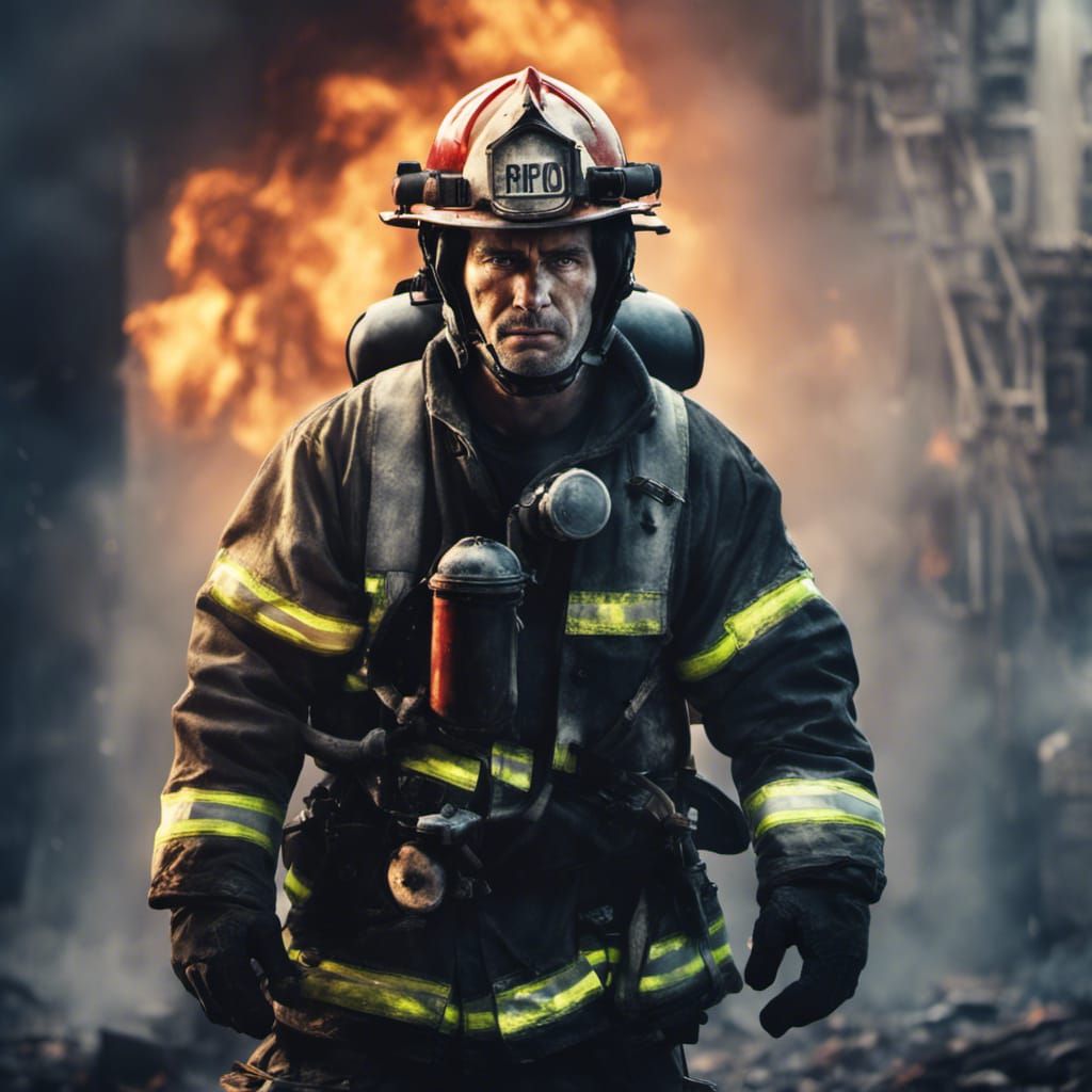 Dramatic Firefighter Portrait in Burning Building