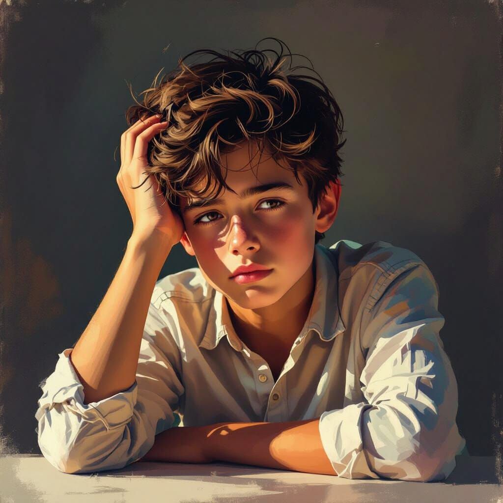 Boy Deep in Thought, Gesturing Forward