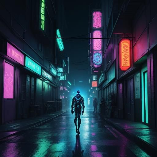 Cyberpunk Female Cyborg in Neon Alleyway