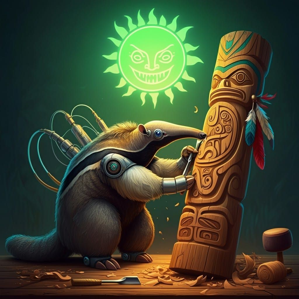 Robotic Anteater Carving Totem Pole with Neon Sun