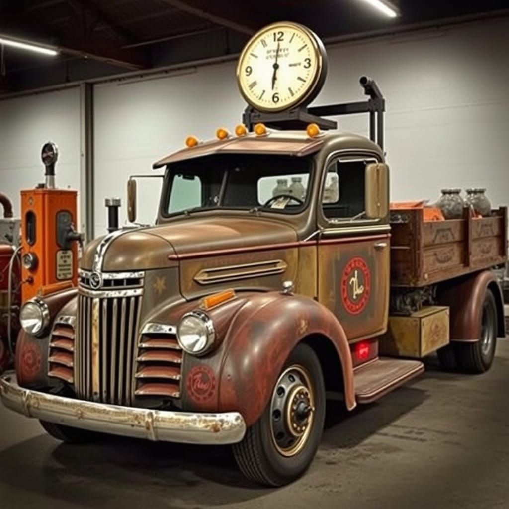 Vintage Dieselpunk Truck at Gas Pump