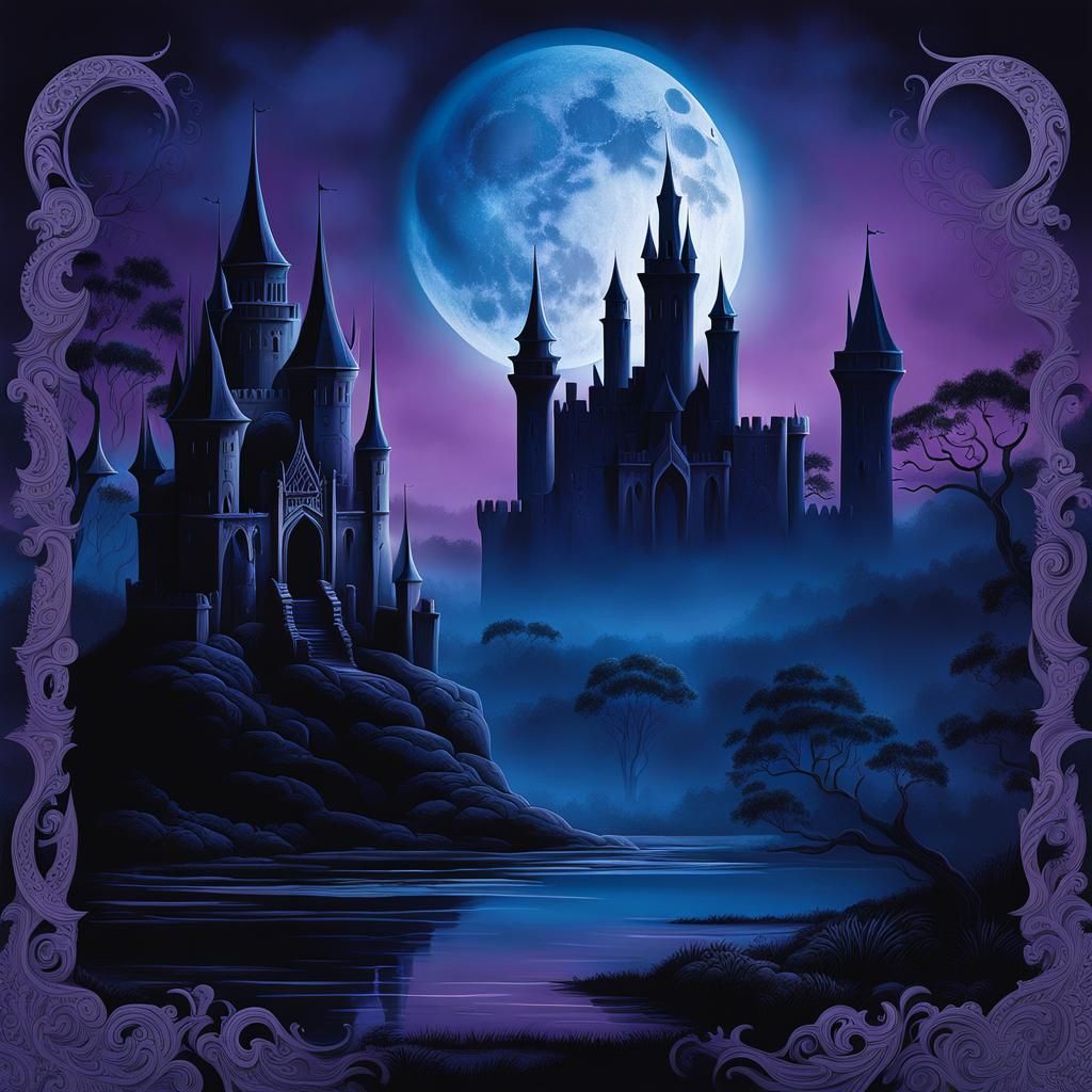 Moonlit Gothic Castle Landscape in Airbrush Style