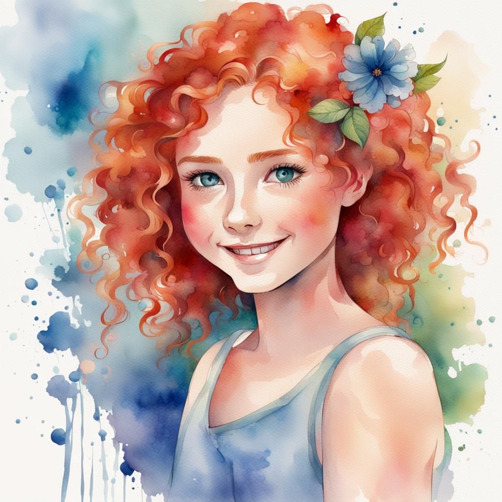Redhead Girl with Watercolor Flowers and Splash