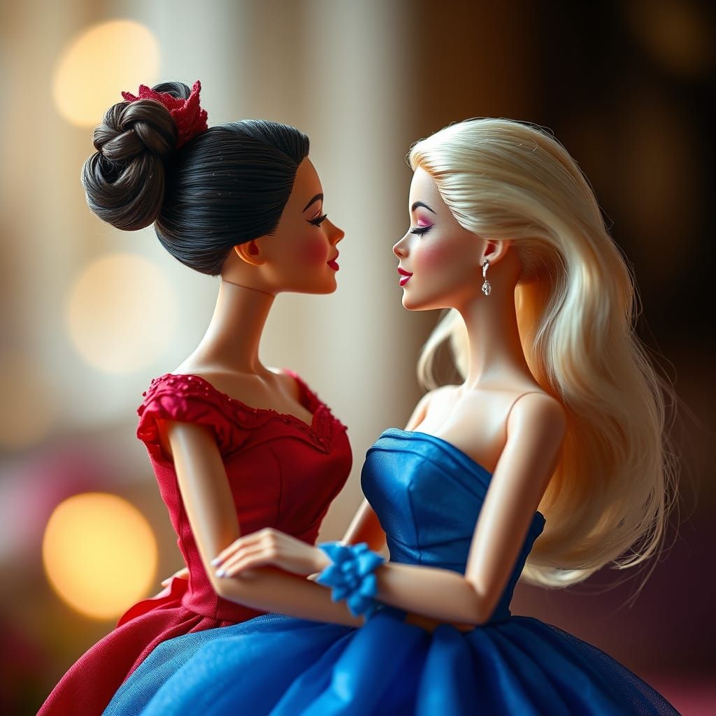 Barbie Dolls Share a Kiss in Elegant Gowns