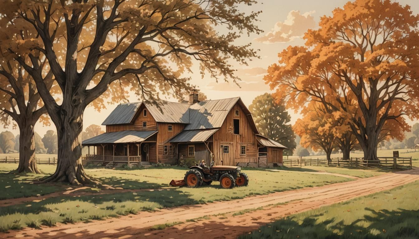 Idyllic Farmhouse Landscape in Pencil Art