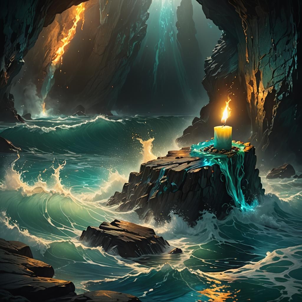 Ocean Cave Candle in Hyperrealistic Concept Art
