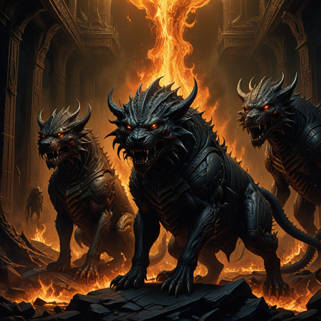 Cerberus Enveloped by Infernal Flames