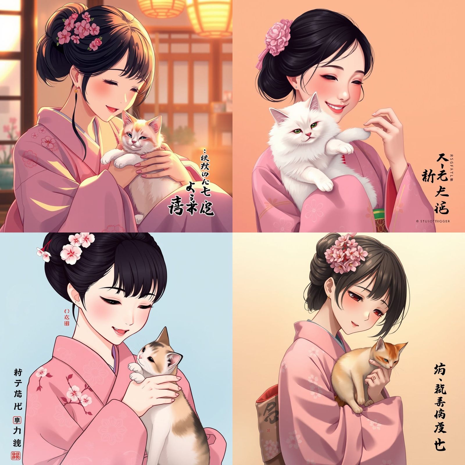 Japanese Lady with Cat in Anime Style
