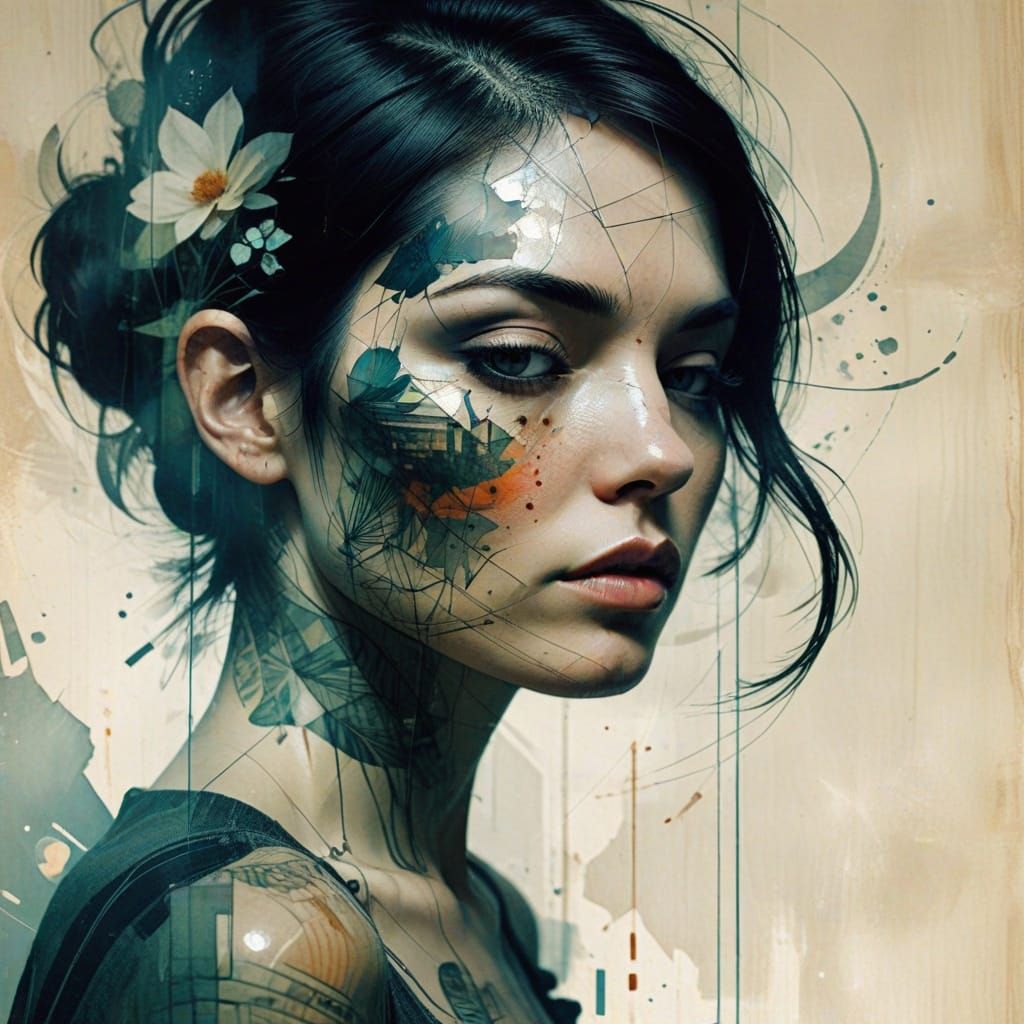 Double Exposure Woman Portrait with Face Tattoos